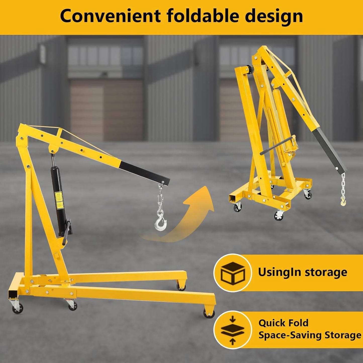 2 Ton Hydraulic Engine Hoist with Lever, 4400 LB Foldable Mobile Cherry Picker with 6 Casters & Adjustable Telescopic Booms, Heavy Duty Engine Crane for Garage, Workshops, Auto Repair, Yellow