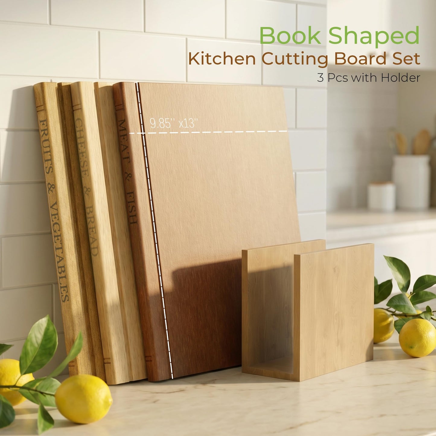 Book Cutting Board Set with Wooden Stand-Wooden Kitchen Cutting Boards That Look Like Books for Vegetables Cheese Meat, Chopping Board Gift Set for Home Cooks & Kitchen Decor
