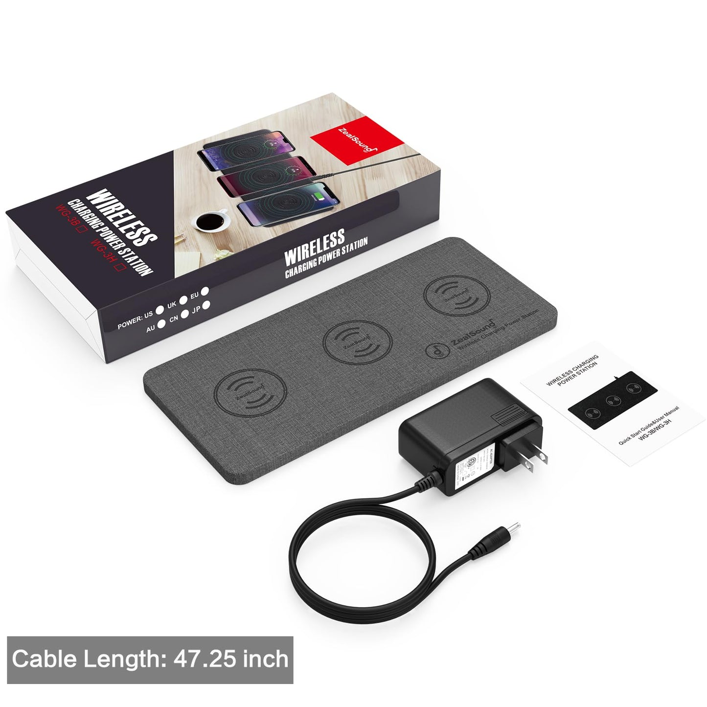 ZealSound Wireless Charging Pad, 3 in 1 Charger Mat for iPhone, Samsung Galaxy, Pixel, AirPods & Galaxy Buds, 24W Adapter Included, Ultra Slim, Case Friendly, PU Leather, Home Office & Travel, Gray
