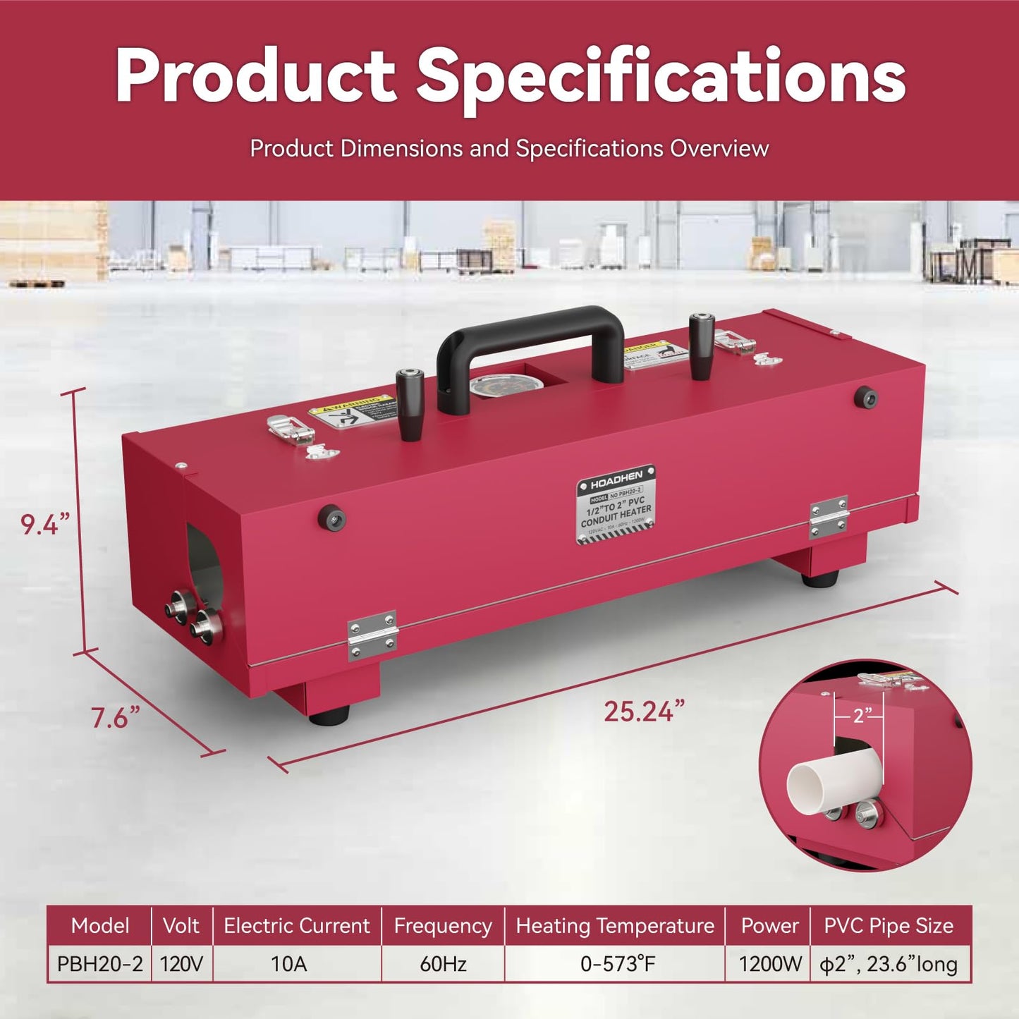 Hoadhen 1/2" to 2" Electric PVC Conduit Heater with Temperature Detector for Controlled Softening, PVC Conduit Bender Heater Designed for 24" Pipe Sections, 1200W, 120V