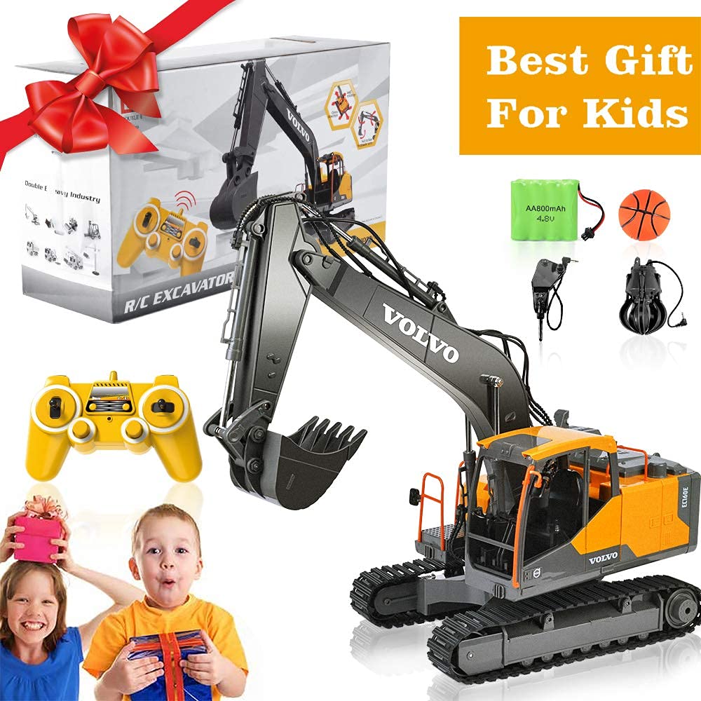 Double E Volvo 1:16 Scale Remote Control Excavator, 17 Channel 3-in-1 Construction Toy with Metal Shovel, Drill, Grab & Lights, 2.4GHz Full Function Digger for Outdoor Sandbox, Gift for Kids & Adults