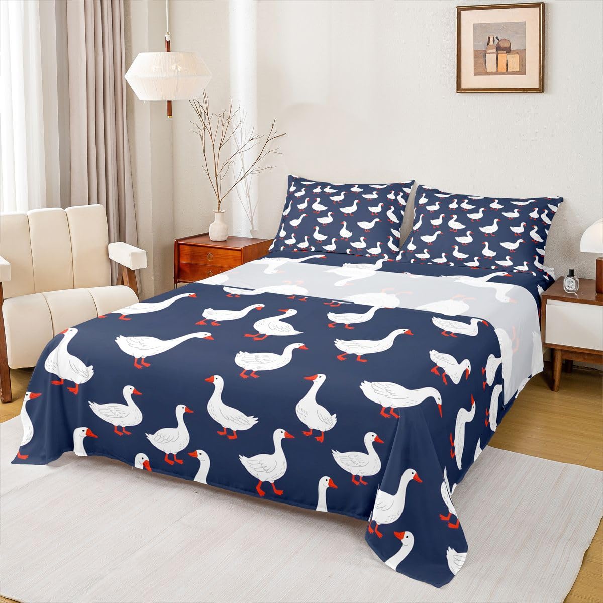 Erosebridal Goose Bed Sheets Set Full Cute Animal Sheet Set White Geese Navy Blue Sheets Funny Kawaii Cartoon Flat Fitted Sheet