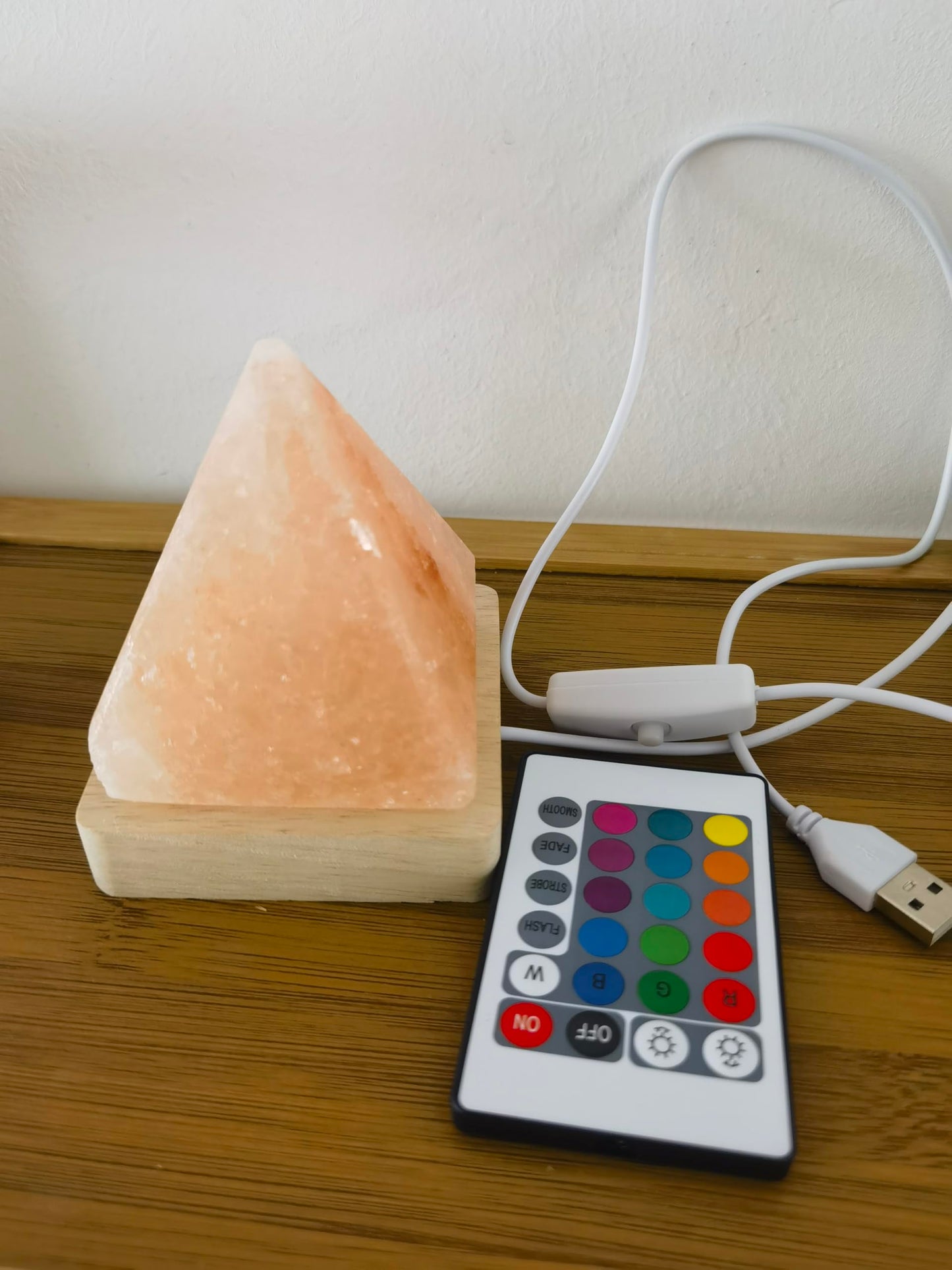 YZYOE USB Rainbow Gradient Himalayan Salt lamp, Solid Wood Base Atmosphere Decoration Pyramids Salt Light with Remote Control, Natural Crystal Stone Bedside Night lamp, Handmade Crafts.