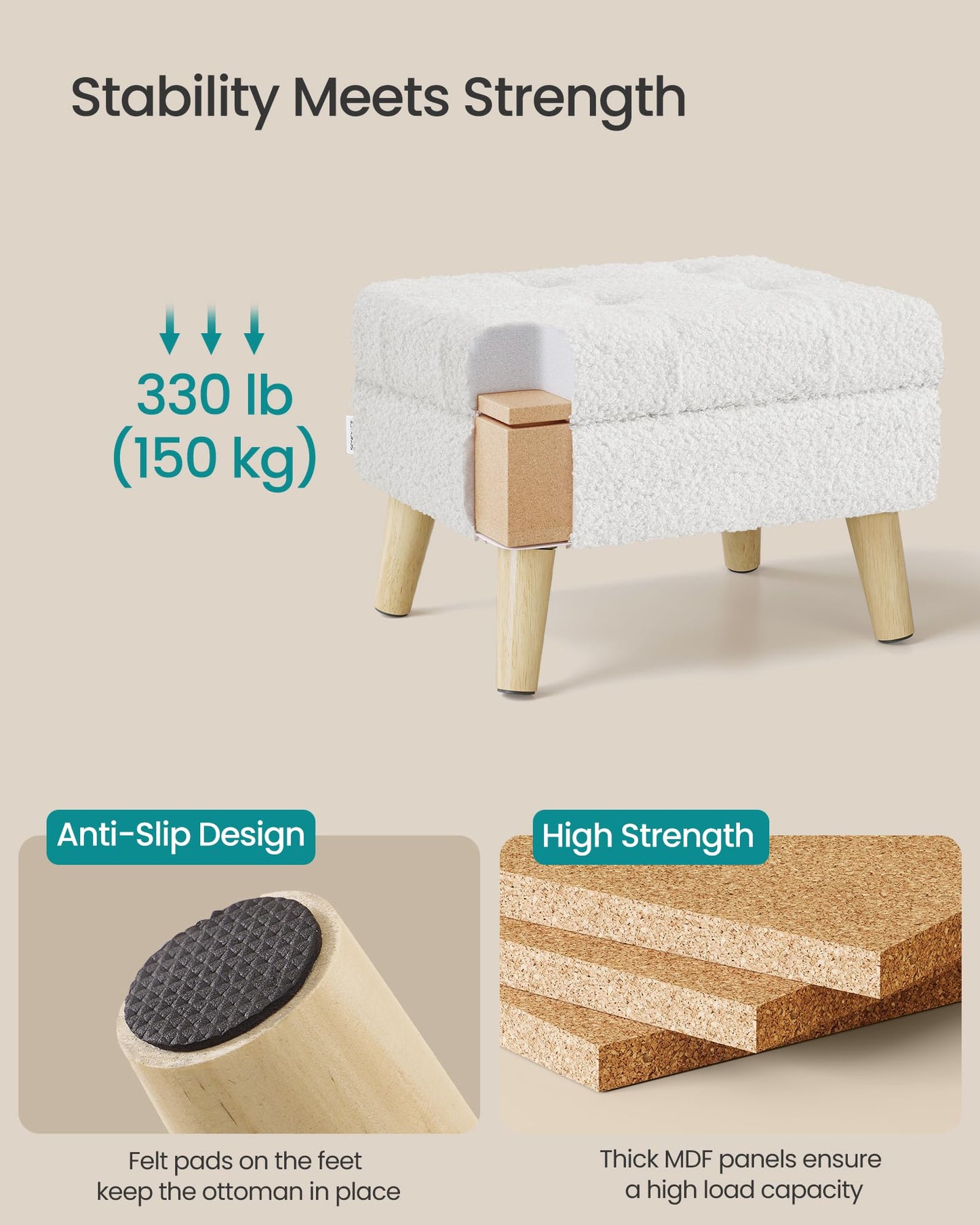SONGMICS Storage Ottoman, Foot Stool, Ottoman with Padded Seat, Foot Rest with Wood Legs, Small Table, for Hallway, Living Room, 11.8 x 15.7 x 11.4 Inches, Teddy Fleece, Cream White ULOM518WD01
