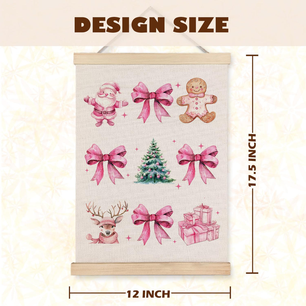 Coquette Pink Christmas Bow Gingerbread Wall Art, 12x16 Inch, With Wooden Poster Hanger for Home Office