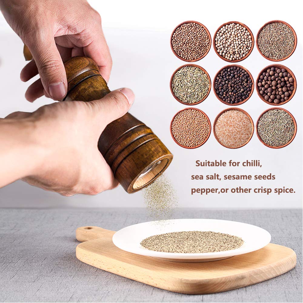 Salt and Pepper Grinders Set,Ouktor Manual Wooden Salt and Pepper Mills Shakers, Ceramic Rotor with Strong Adjustable Coarseness (5.5inch)