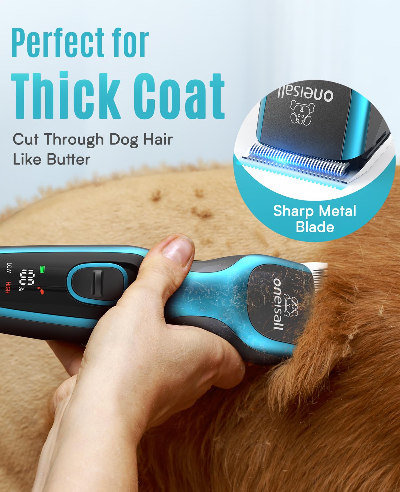 oneisall Dog Clippers Professional for Thick Hair, Heavy-Duty Dog Grooming Clippers with Detachable Metal Blade, Cordless Pet Shaver for Cockapoo Poodles