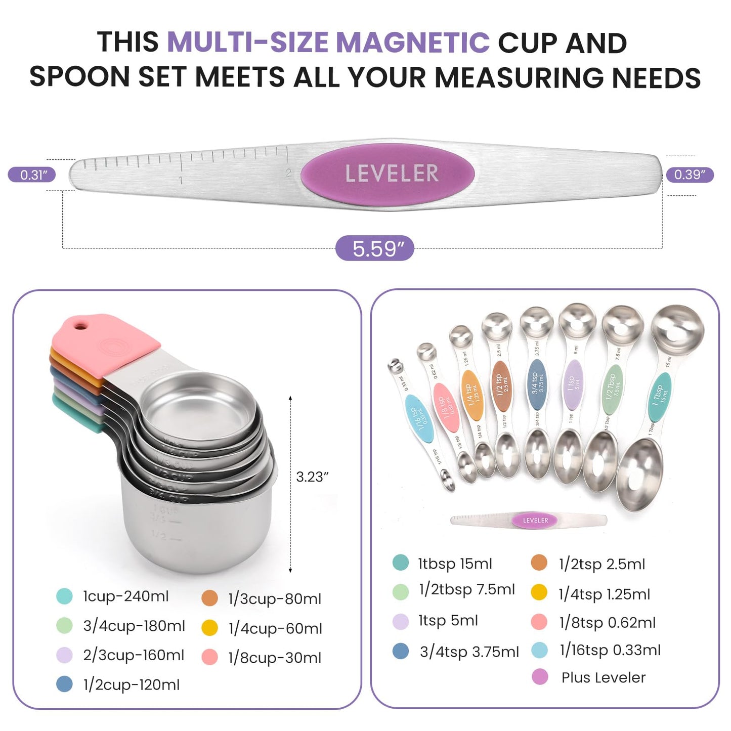 Magnetic Measuring Cups and Spoons Set-Heavy Duty 304 Stainless Steel,Double Measurement Markings,Set of 16 with Leveler for Measure Dry and Liquid Ingredients