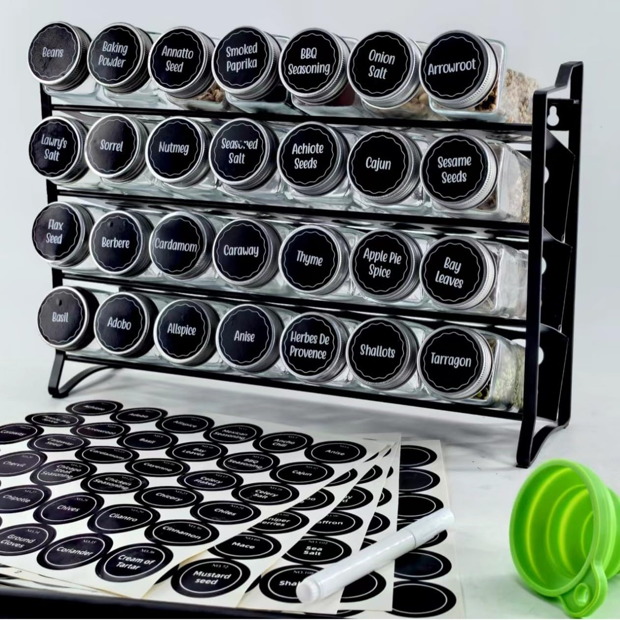4-Layer Spice Jar Rack Organizer with 28 Glass Bottles – Includes Label Stickers, Funnel & Screws – Space-Saving Kitchen Storage for Spices, Herbs & Seasonings – Durable, Stylish & Easy to Install