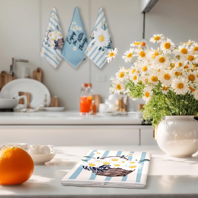 Boyiee Set of 6 Daisy Flower Kitchen Towels Daisy Stripes Tea Towels Floral