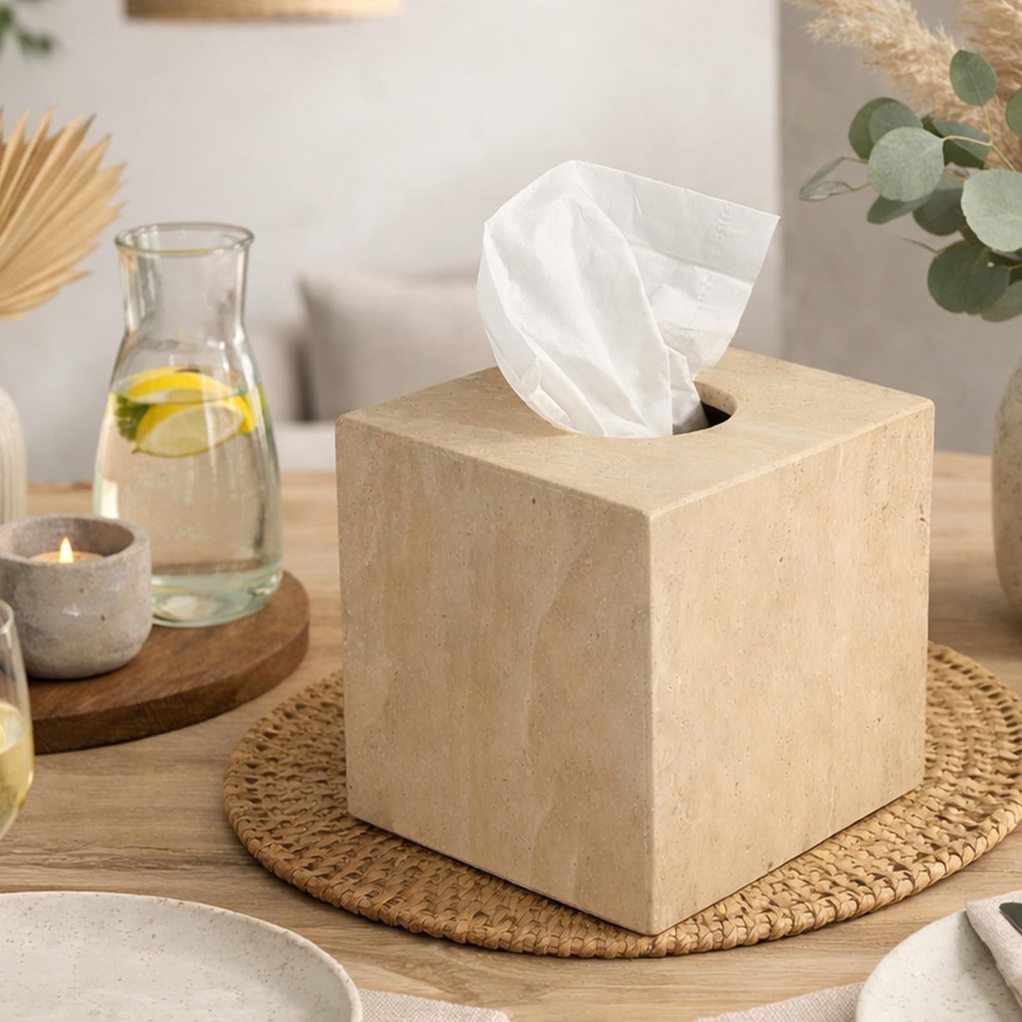 Koville Marble Tissue Box Cover, Heavy Square Tissue Cube Cover Tissue Organizer with Open Bottom for Countertop, Decorative Stone Facial Tissues Boxes Holder for Bathroom Bedroom Kitchen (Beige)