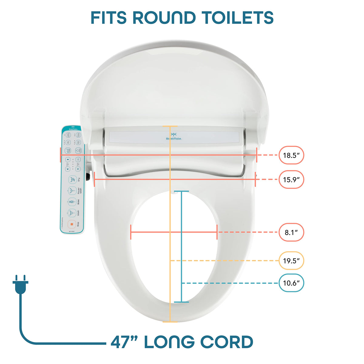 BidetMate 1000 Series Electric Smart Toilet Bidet Seat with Heated Water, Side Control Panel, and Warm Air Dryer - Self-Cleaning - Perfect for a Smart Home Kit - Round