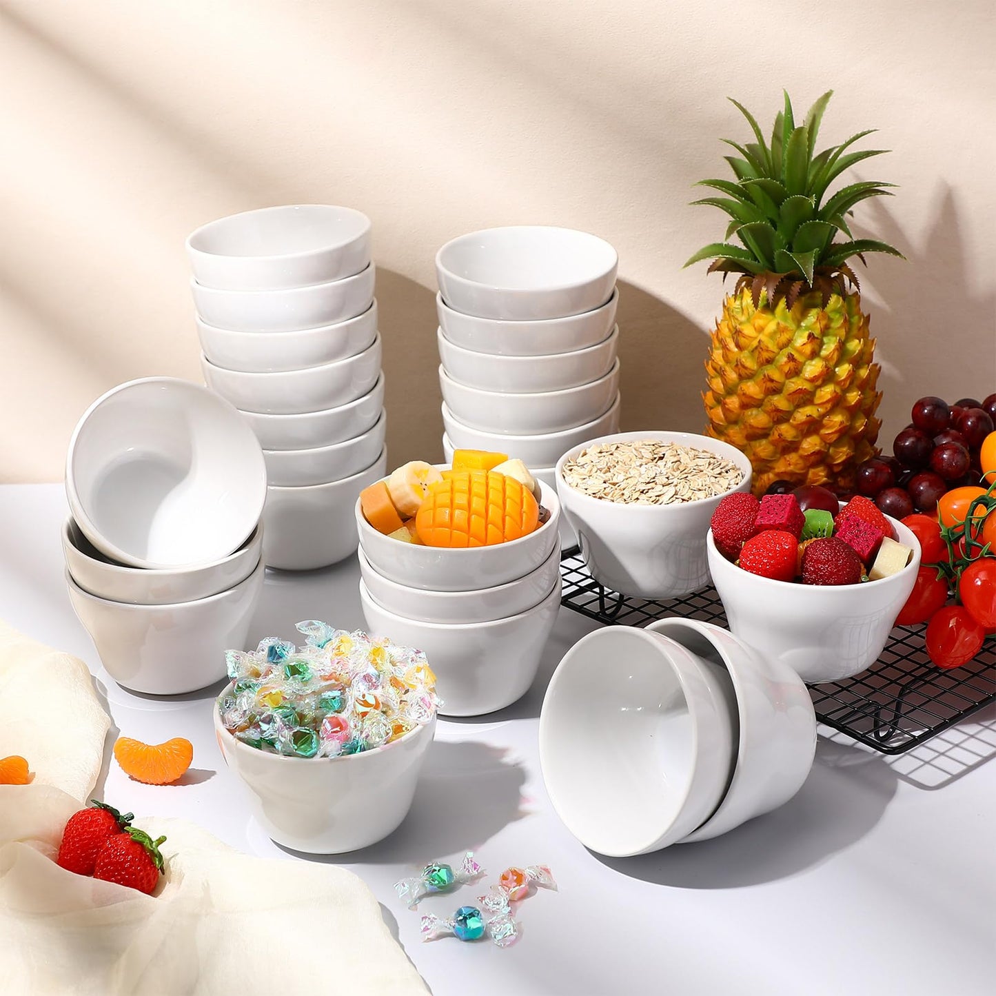 Suclain 24 Pack Porcelain Bowls Set Porcelain Bouillon Cups Small Dessert Bowls Soup Dip Bowl for Ice Cream Dessert Sauce Dipping Salad Cereal Microwave Dishwasher Safe (8 oz,White)