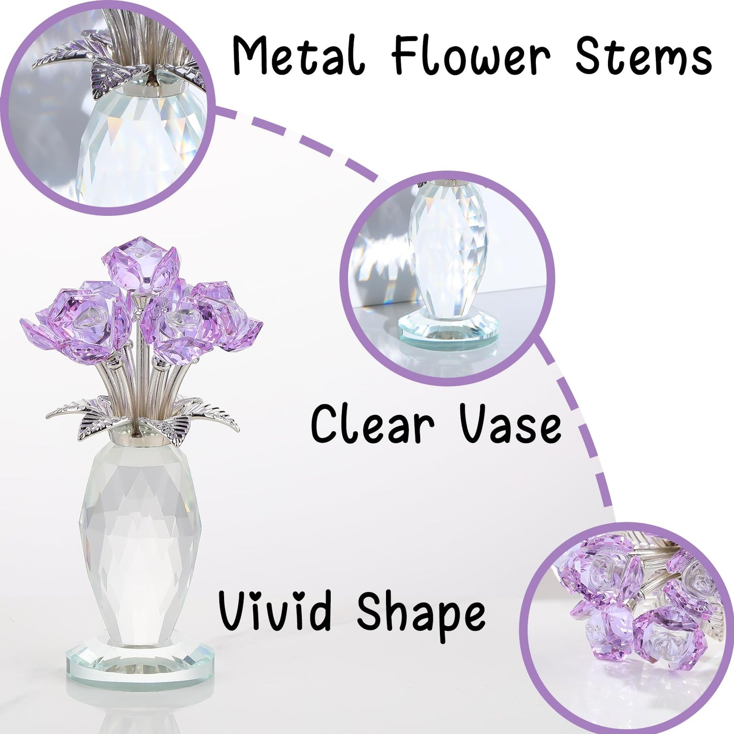 Arikyrist Crystal Purple Rose Flower Gifts for Women Collectible Glass Roses Bouquet Romantic Crystal Rose Figurines for Adults on Birthday Wedding Christmas