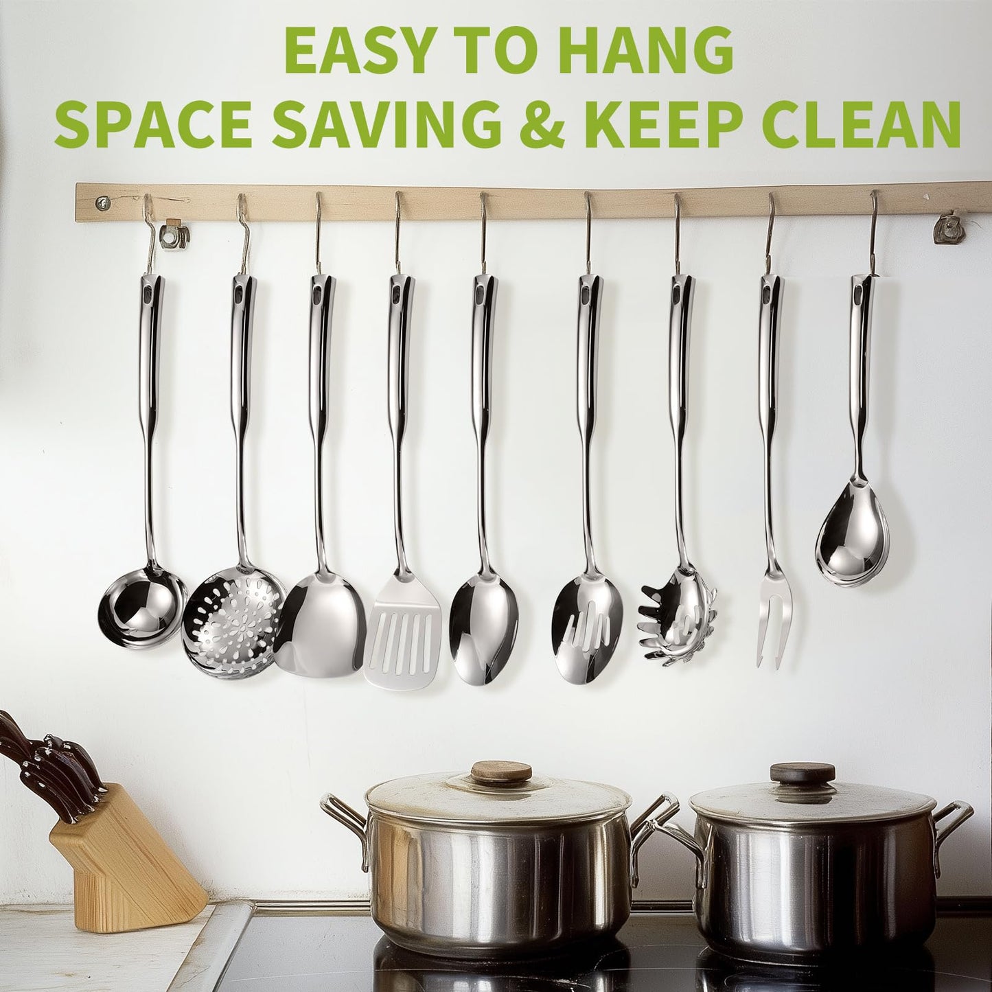 304 Stainless Steel Kitchen Cooking Utensils Set - 9 PCS Serving Utensils, Include Skimmer, Soup Ladle, Spaghetti Server, Wok Spatula, Slotted & Solid Spoon, Slotted Spatula Turner, Meat Fork (Silver)