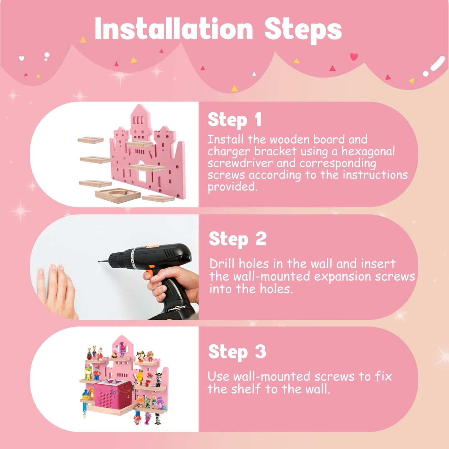 Tonie Shelf for Tonies Box 2/1 - Tonie Storage for Tonie Box & Tonies Figures & Charging Station, Magnetic Wooden Floating Shelf for Toniebox & 15-33 Tonies Characters, Wall Mounted Rack,Castle Shape