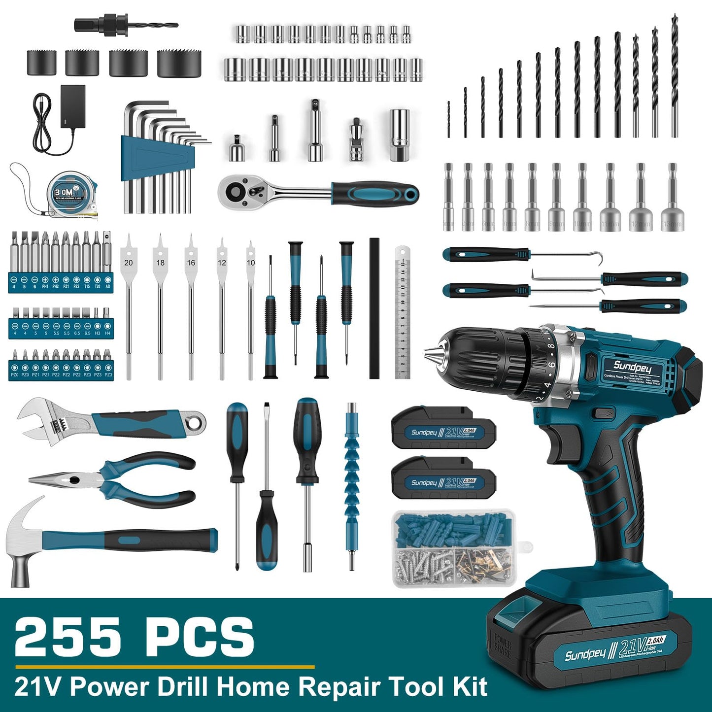 Sundpey Tool Kit with 21V Drill - Cordless Power Tool Set - 255-PCs General Basic Complete Home and Auto Repair Tools Set - Protable Household Tool Kit for Men Women(Wrench & Socket & Screwdriver Kit)
