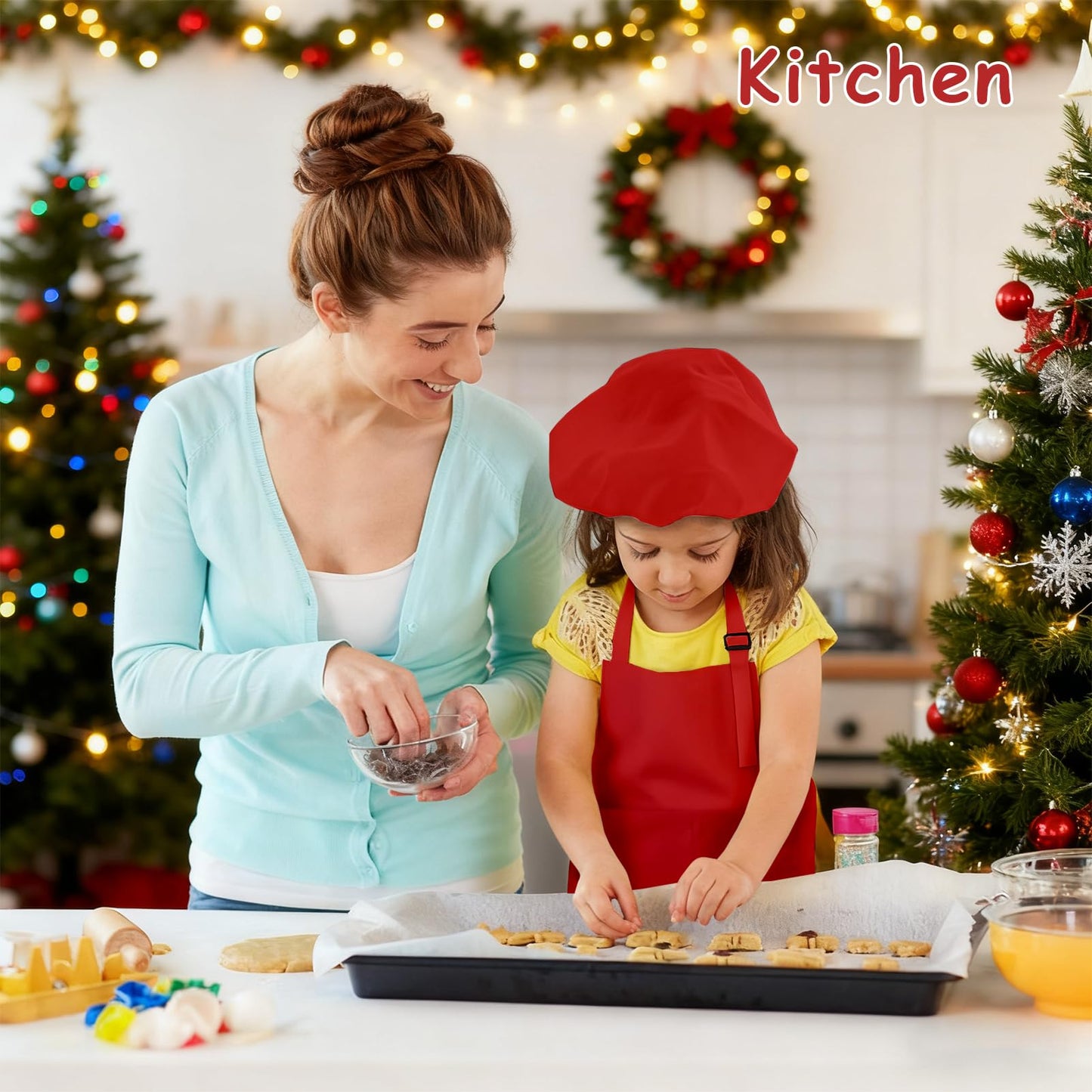 IAGBIBUI Kids Apron and Chef Hat Set, 16 Pieces Boys Girls Christmas Kids Apron with 2 Pockets Adjustable for Cooking Classroom Baking Painting, 6-13 Years(Red, Green)