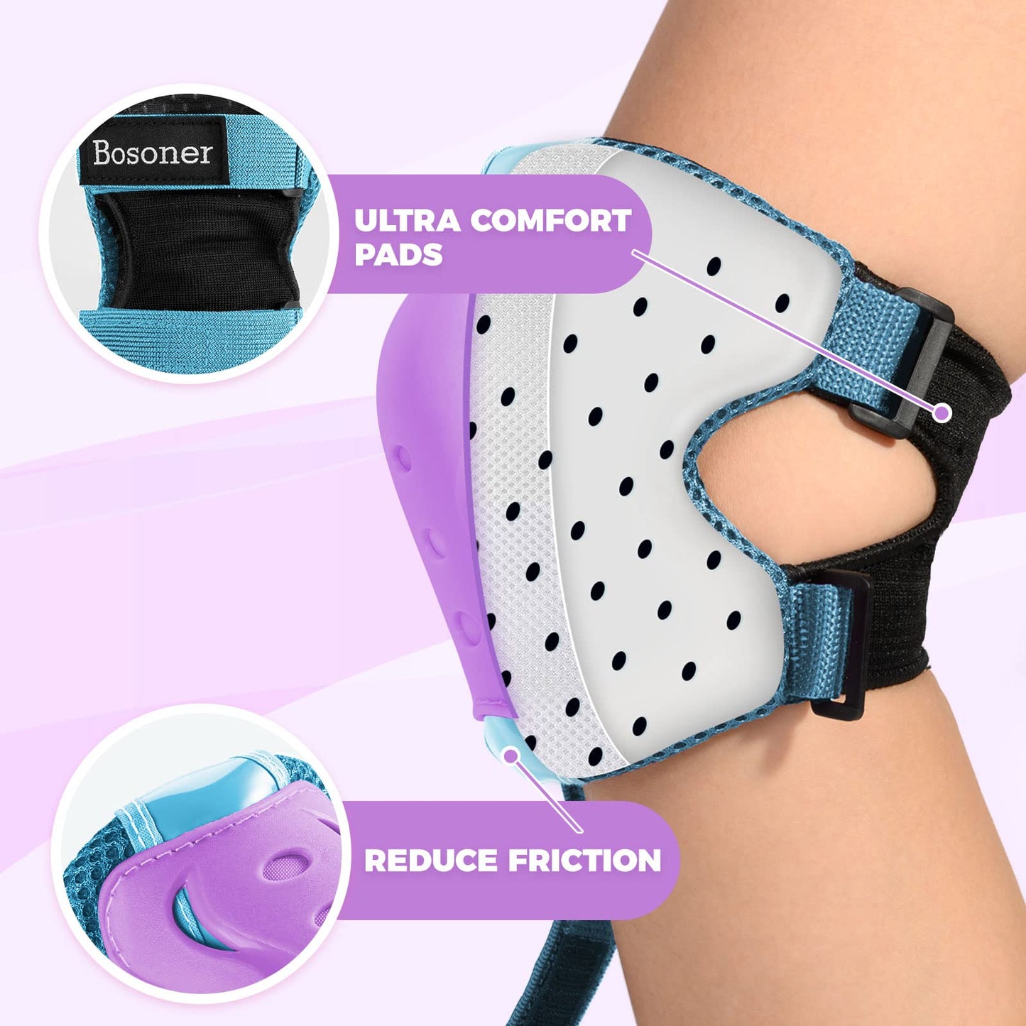 BOSONER Knee Pads for Kids Roller-Skating - Adjustable Protective Gear Set Knee Elbow Pads Wrist Guards for Bike Cycling Skateboarding Scooter Gifts 3-8/9-15 Years Boys Girls (Blue Purple)