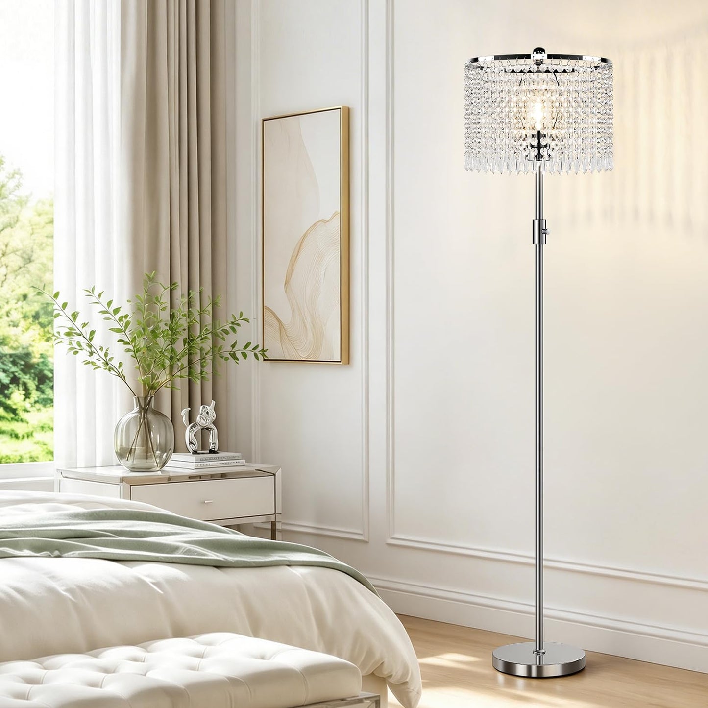 Yemela 【Upgraded】 Dimmable Crystal Floor Lamps for Living Room, 1000LM LED Bulb Included, Standing Lamp with Knob Switch, Tall Silver Modern Floor Lamp for Bedroom Nursery Office Reading