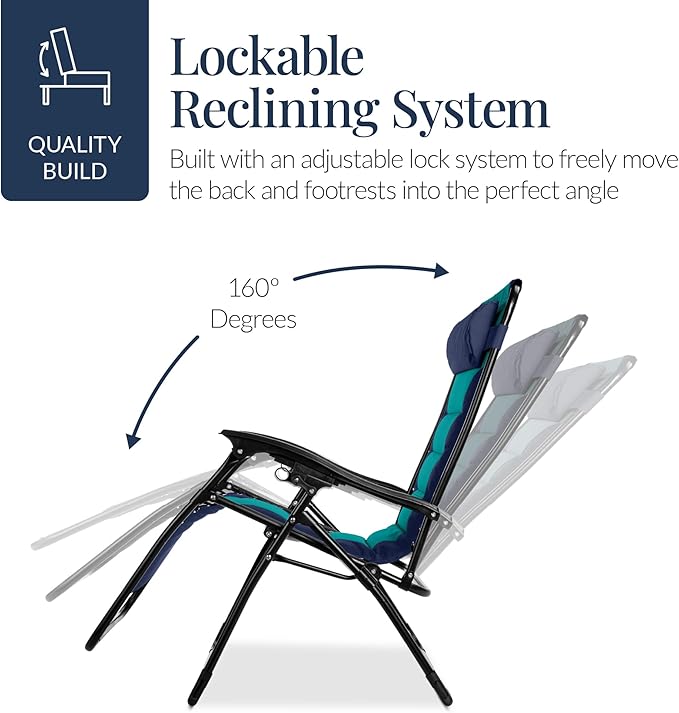 Best Choice Products Oversized Padded Zero Gravity Chair, Folding Outdoor Patio Recliner, XL Anti Gravity Lounger for Backyard w/Headrest, Cup Holder, Side Tray, Polyester Mesh - Navy/Teal
