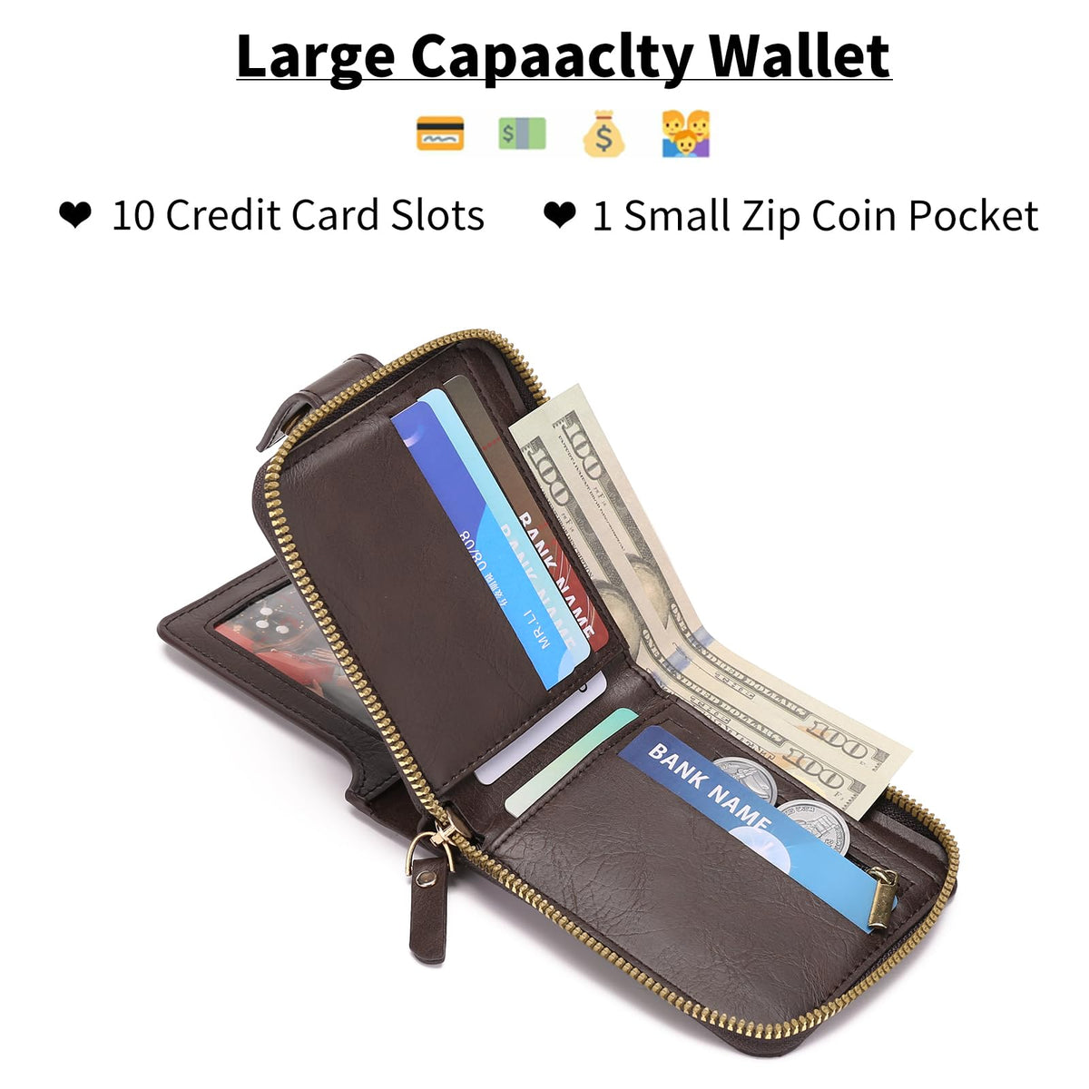 LOUEBICA Wallet Men Leather Bifold Wallets For - Flap ID Window Zip Coin Pocket Mensr Wallets - Big Capacity Credit Card Travel Wallet