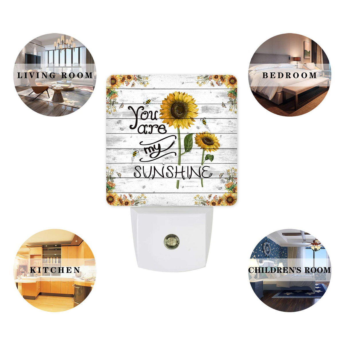 Farm Sunflower Bee Plug-in LED Night Lights Retro Wooden Printed Auto Dusk-to-Dawn Sensor for Bedroom, Bathroom, Kitchen, Nursery,Hallway,Stairs,Wall Home Decor