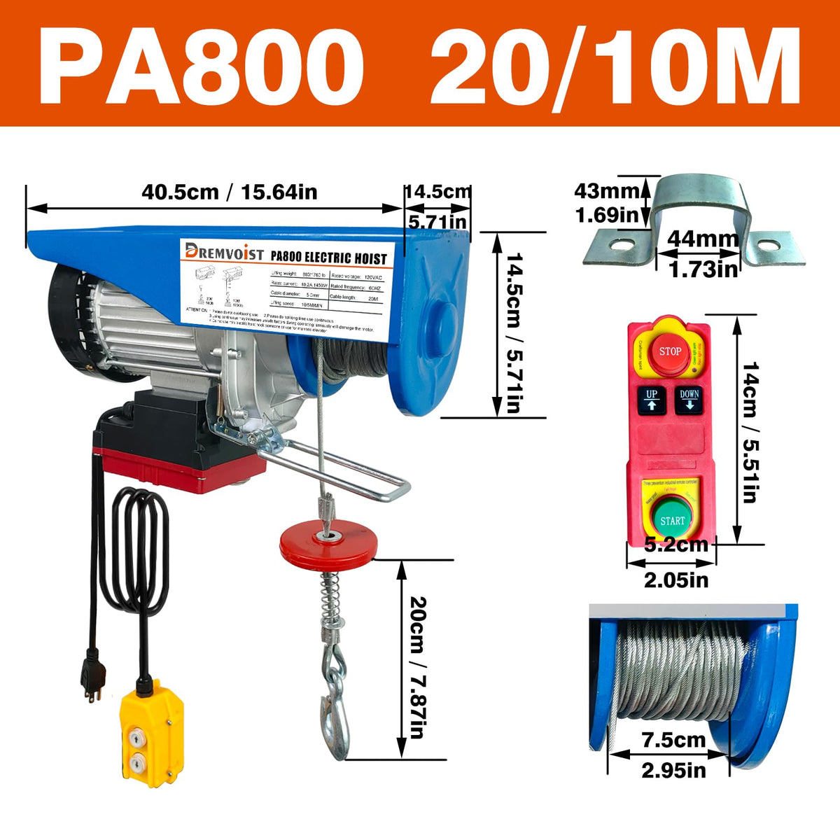 Dremvoist Electric Hoist with Remote Control,1760lbs Electric Hoist 110 Volt,Electric Hoist Winch Wireless/Wired 2 in 1,33/66FT Lifting Height,for Factories,Garage,Warehouses, Construction Site