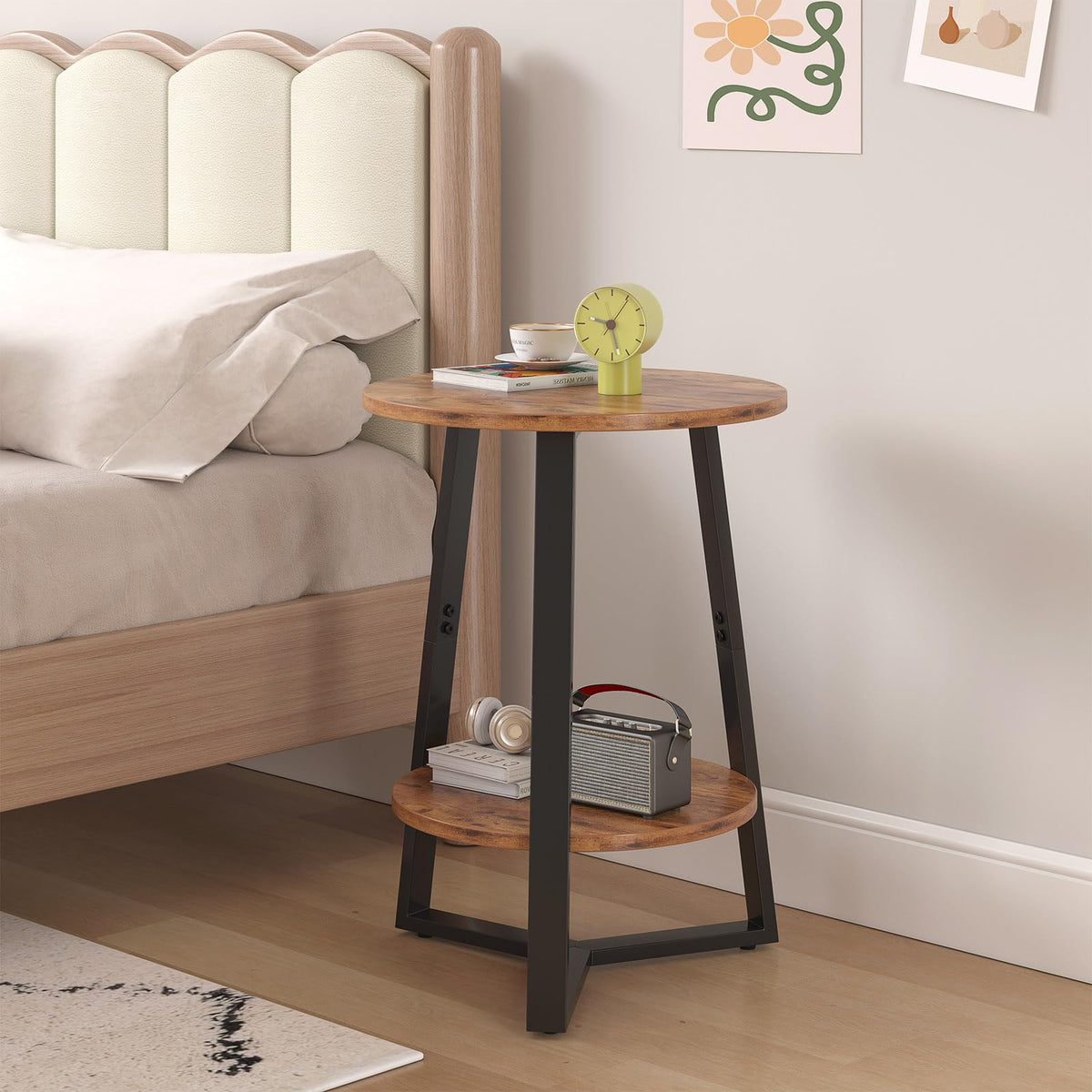 sthmec Small Round End Table Set of 2,2 Tier Side Table Set 2 with Storage Shlef,Coffee Table Wooden Tabletop & Metal Frame,Accent Table Small Nightstands Couch Tables Livingroom Bedroom,Rustic Brown