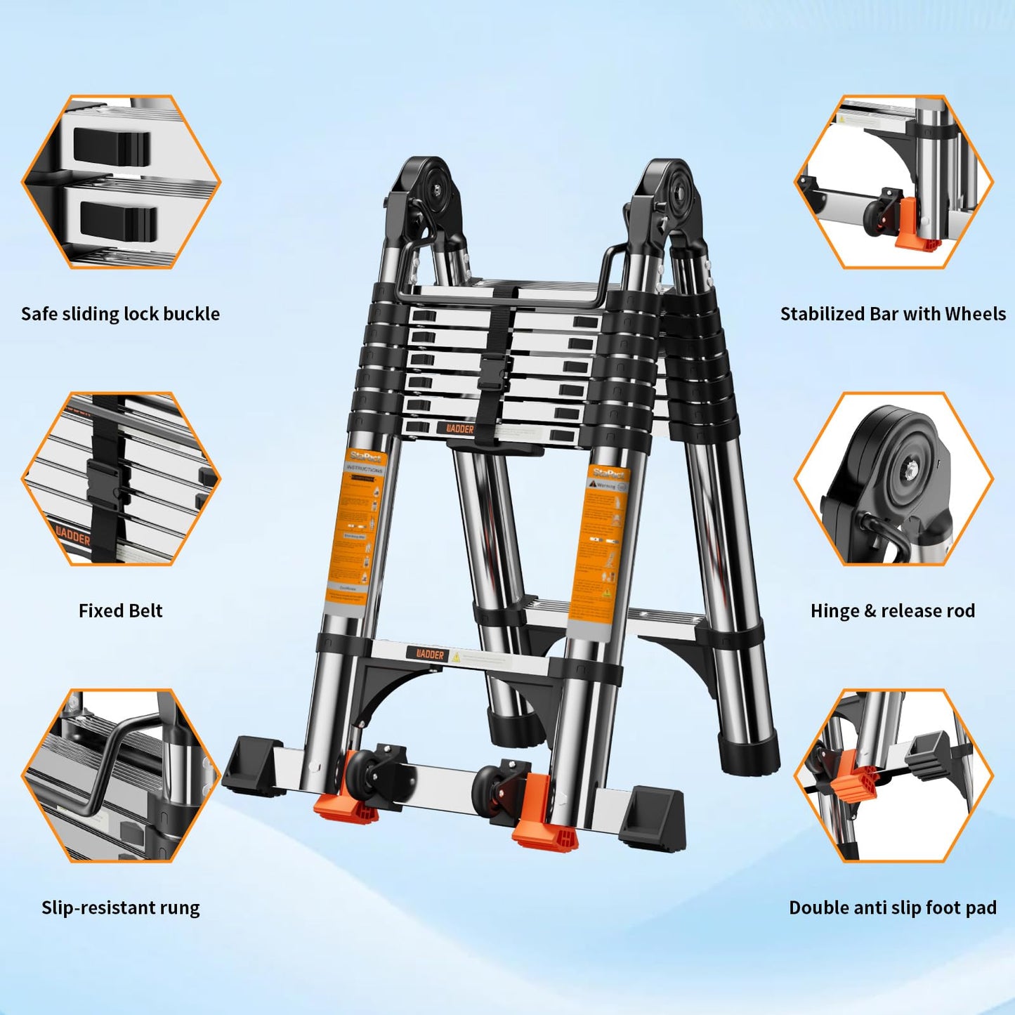 Telescoping Ladder A Frame,Telescopic Ladder for Home, Roof, RV,12.5 Ft Stainless Steel Extension Ladder with Balance Bar,Wheels and 2 Triangle Stabilizers,330 lb Capacity (12.5FT-A Frame)