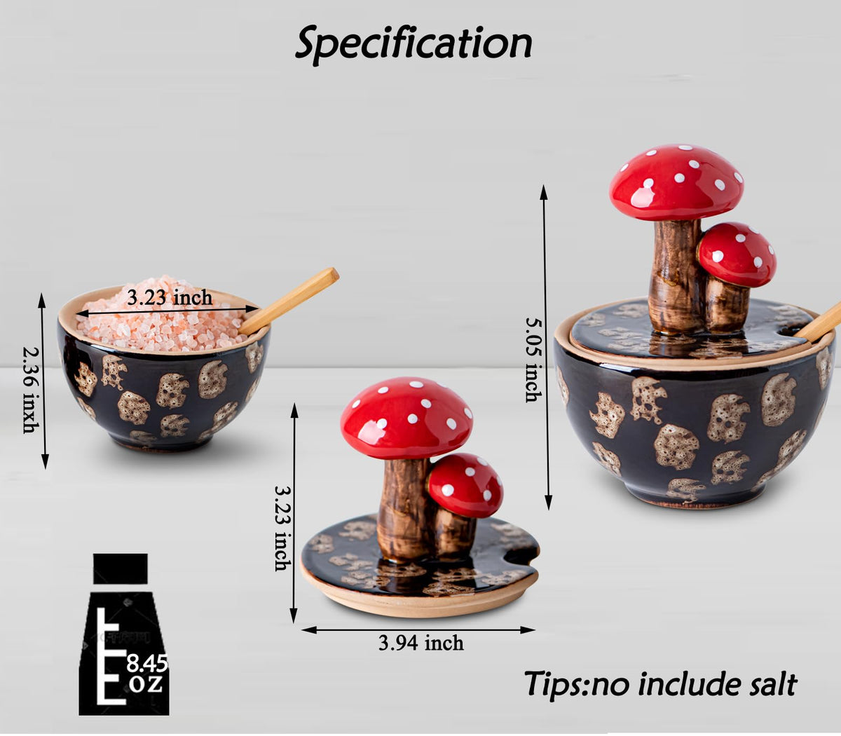 Brown Ceramic Mushroom Salt Cellar With Lid and Bamboo Spoon