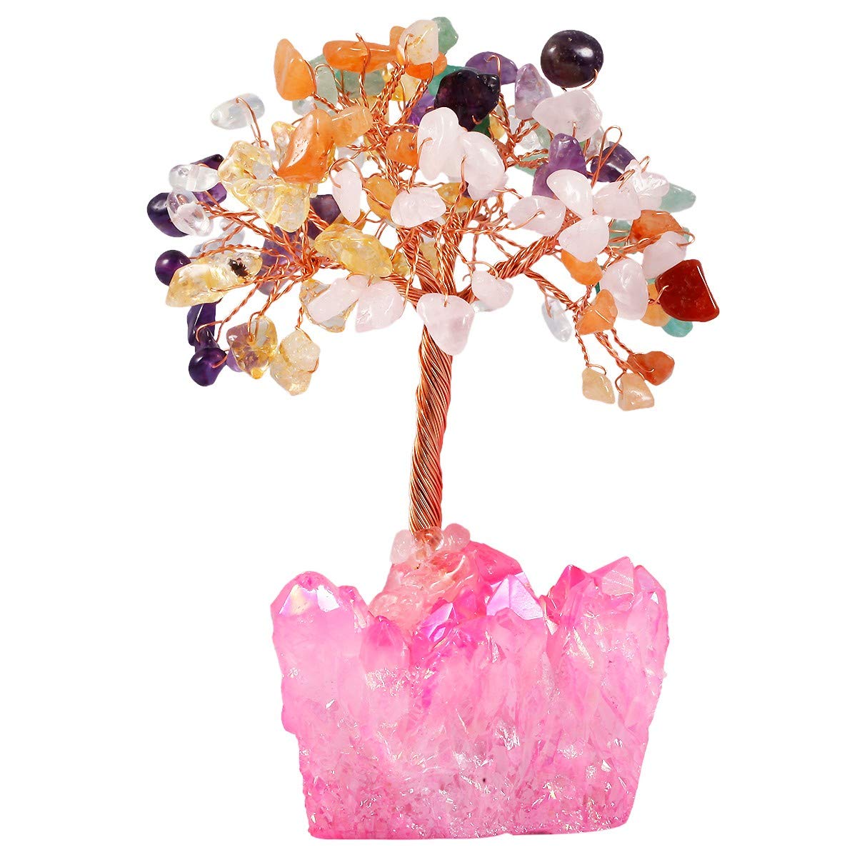 SUNYIK Natural Multicolor Crystal Money Tree, Fuchsia Titanium Coated Crystal Cluster Base Bonsai Sculpture Figurine 2.3 Inches