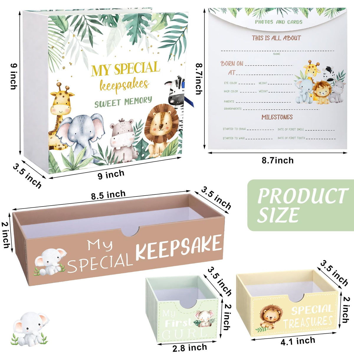 Beeveer Baby Keepsake Box Newborn Memory Organizer with 9 Labeled Compartments First Keepsake Book Gift Box for Pregnancy Mother"s Day Baby Shower New Maternity (Green,Jungle Animal)