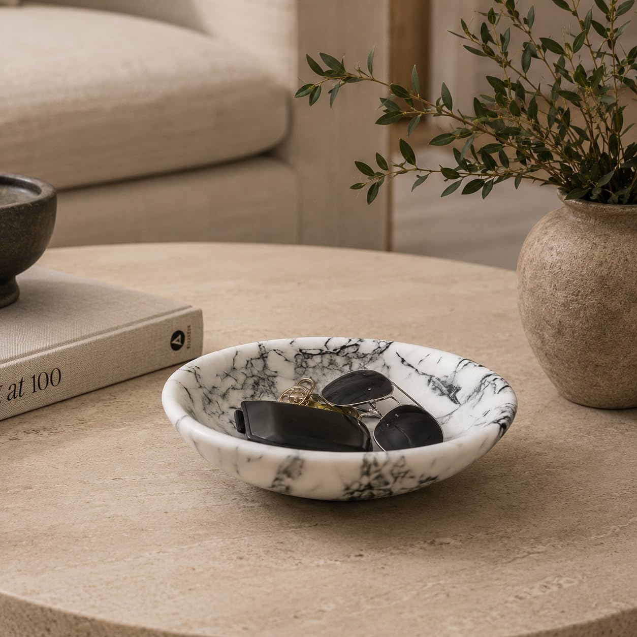 KROUJITY Marble Decorative Bowl Large White, Handcrafted Natural White-Grey Stone Bowl for Home Decor, 11" Large Entryway Bowl for Key, Coffee Table Bowl, Marble Fruit Bowl for Centerpiece