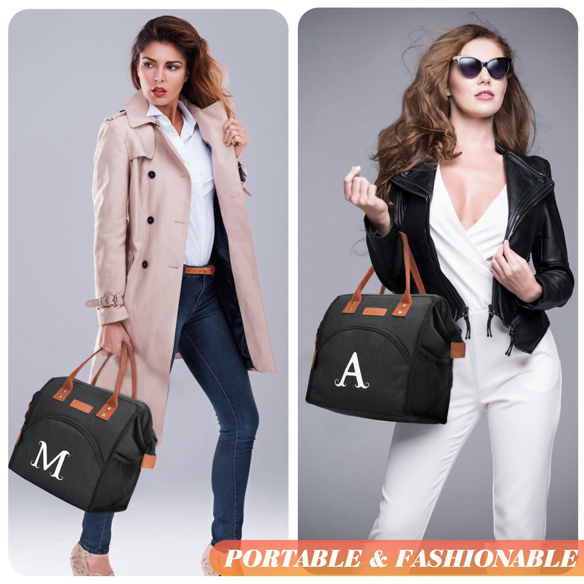 Personalized Lunch Box for Women, Initial Reusable Insulated Lunch Bag, Wide-Open Adult Lunchbox Cooler Lunchbag, Leakproof Lunch Tote for Picnic Work Outdoors, Christmas Gift for Women, Black - E