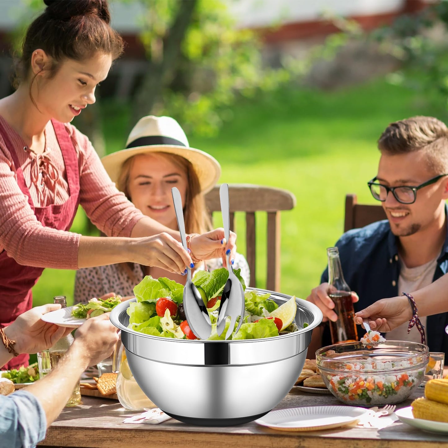 ShineMe Stainless Steel Salad Bowl with Lid, Extra Large Metal Bowl with Serving Utensils for Preparing, Mixing, Marinating, and Serving with Anti-slip Bottom, Unbreakable Kitchen Bowls 7QT