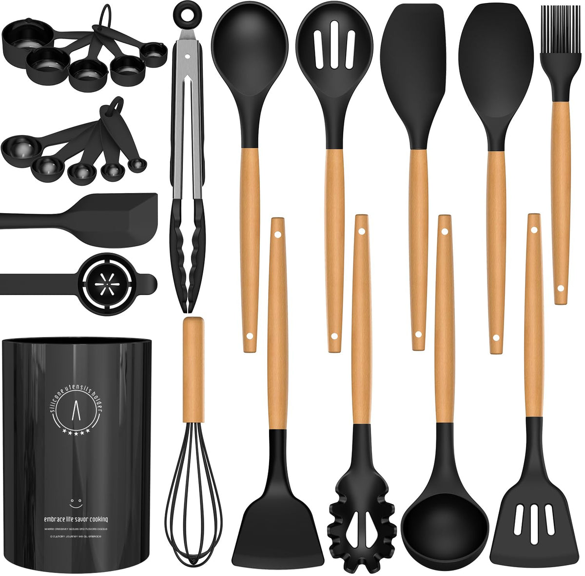 Silicone Cooking Utensils Set - AVGPD Silicone Kitchen Utensils for Cooking Wooden Handles, 446°F Heat Resistant Kitchen Utensil Spatula Sets, Gadgets for Non-Stick Cookware BPA FREE (Black)