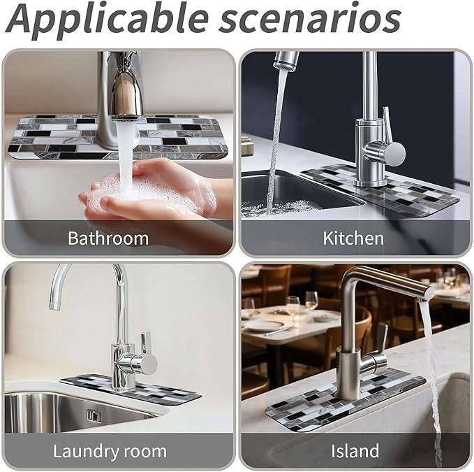 Kitchen Sink Splash Guard,White-black gray tiles Faucet Mat Sink Gadgets-Super
