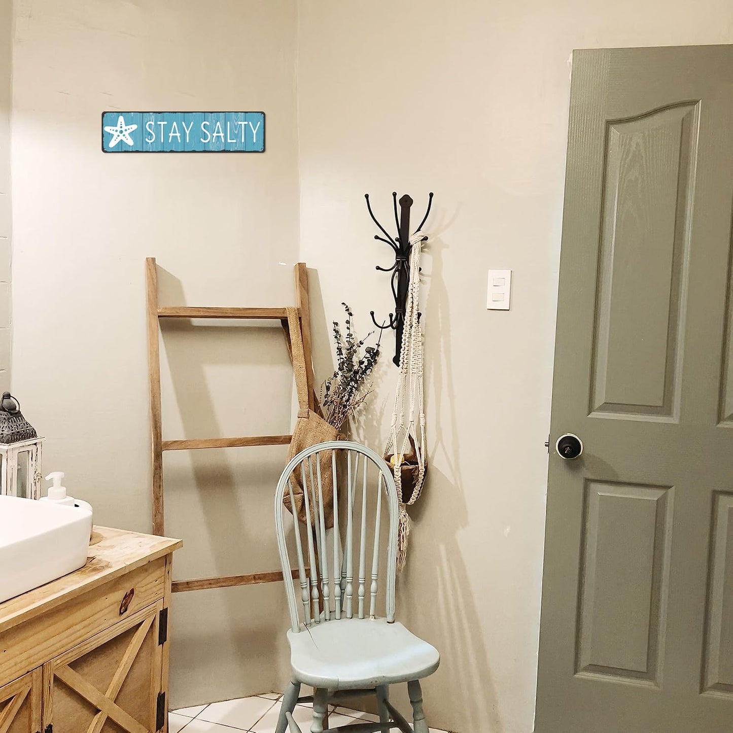Stay Salty Sign - Coastal Metal Wall Decor - Rustic Beach House, Bathroom and Classroom Art with Starfish Motif - Summer Nautical Gift for Beach Lovers, 4x16 Inch