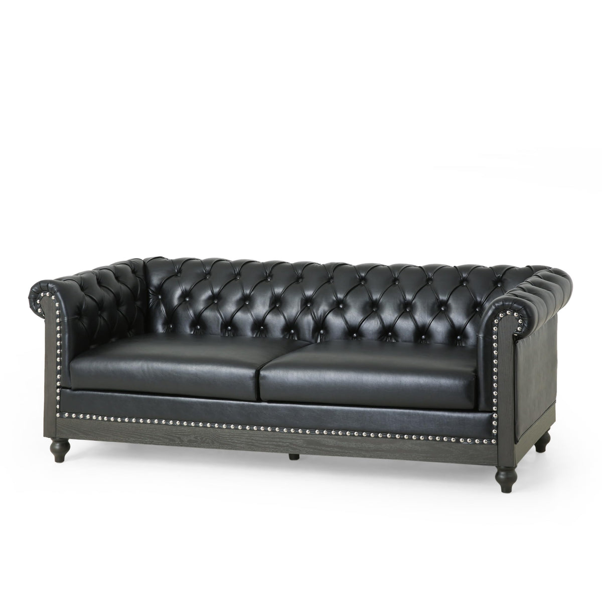Merax PU Chesterfield Sofa, Retro Upholstered 3 Seater Leather Couch Rolled Arm for Living Room Bedroom Office, Black