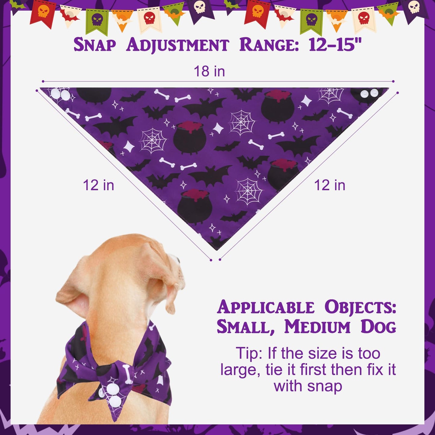 PAWCHIE Halloween Bandanas 4 Pack, Reversible Pumpkin Dog Scarf Bibs, Dog Holiday Costume Set with Two Adjustable Snaps, Multiple Halloween-Themed Patterns for Puppy, Cats, Pets
