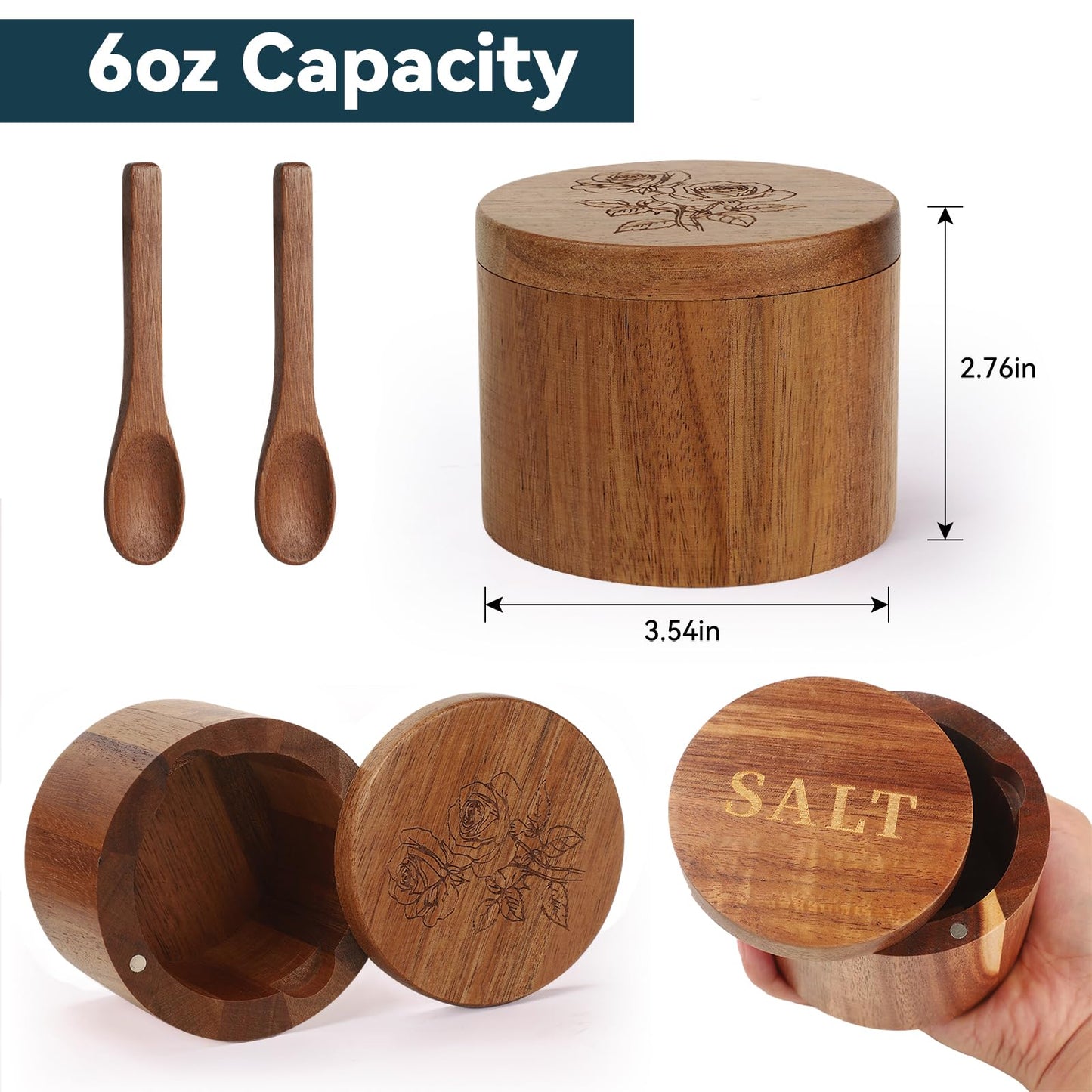 Timtopno Salt Cellar, 2PCS Salt Container Acacia Wood Salt and Pepper Box for Countertop with Built-in Spoon & Swivel Lid, Wood Salt Holder Bowl for Kitchen, Seasoning Storage (Rose & SALT Engraving)
