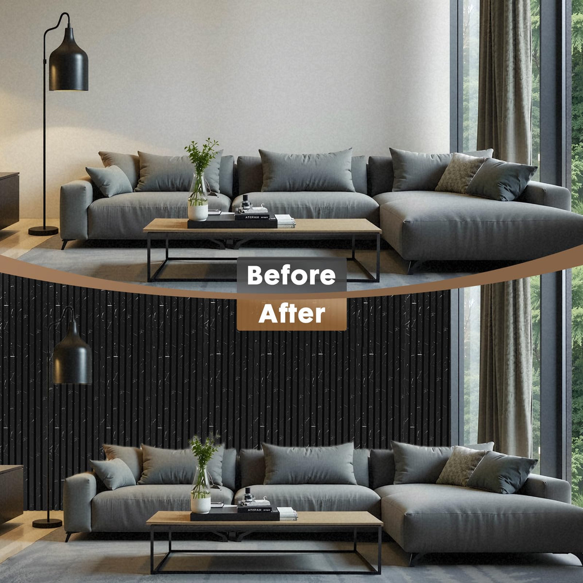 Wood Wall Panels for Interior Wall Decor, 2 Pack 94.5"x12.6"(16.5ft²) Wood Slat Acoustic Panels, Soundproof Panels for Noise Cancelling and Decoration, Living Room, Bedroom, Office, Black Marble
