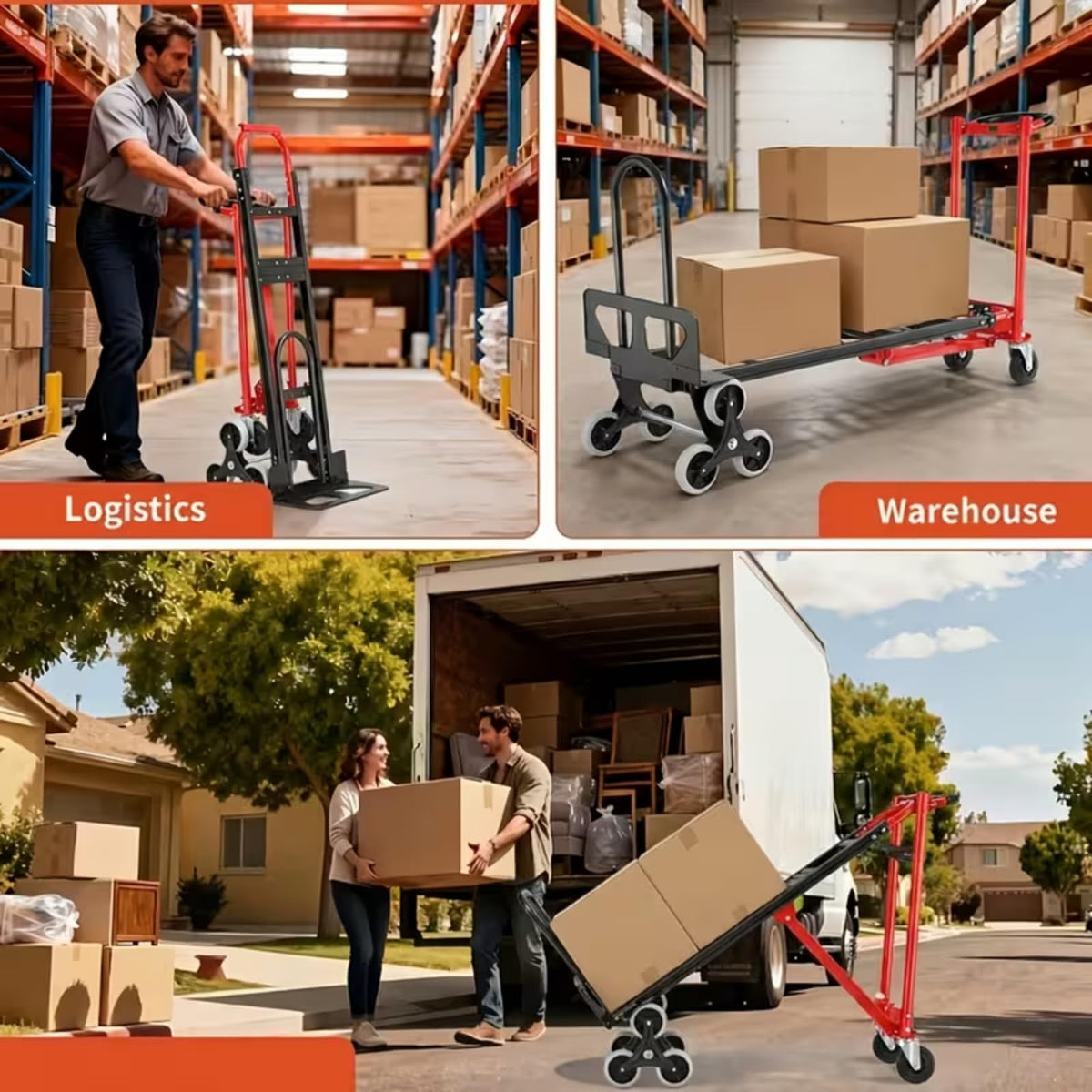 Heavy Duty Stair Climbing Hand Truck - 1000 LBS Capacity 4-in-1 Convertible Dolly Cart, Foldable Platform Utility Cart for Moving Boxes, Industrial Grade Steel Construction(Orange)