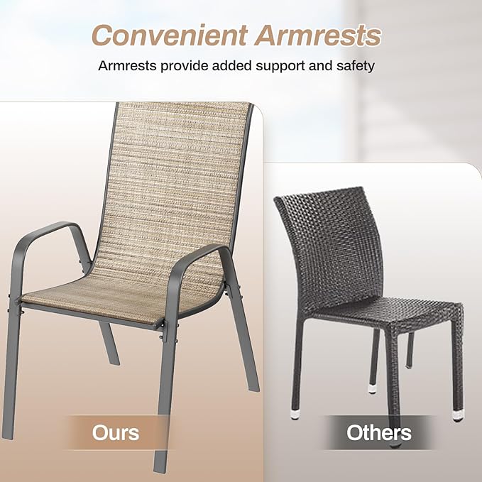 TLSUNNY Patio Chairs, Stackable Textilene Outdoor Dining Furniture for All Weather, with 17.7″ Wide Seat & Metal Frame, for Garden, Backyard, Deck, Restaurant, Poolside (4, Brown, 26.4″)
