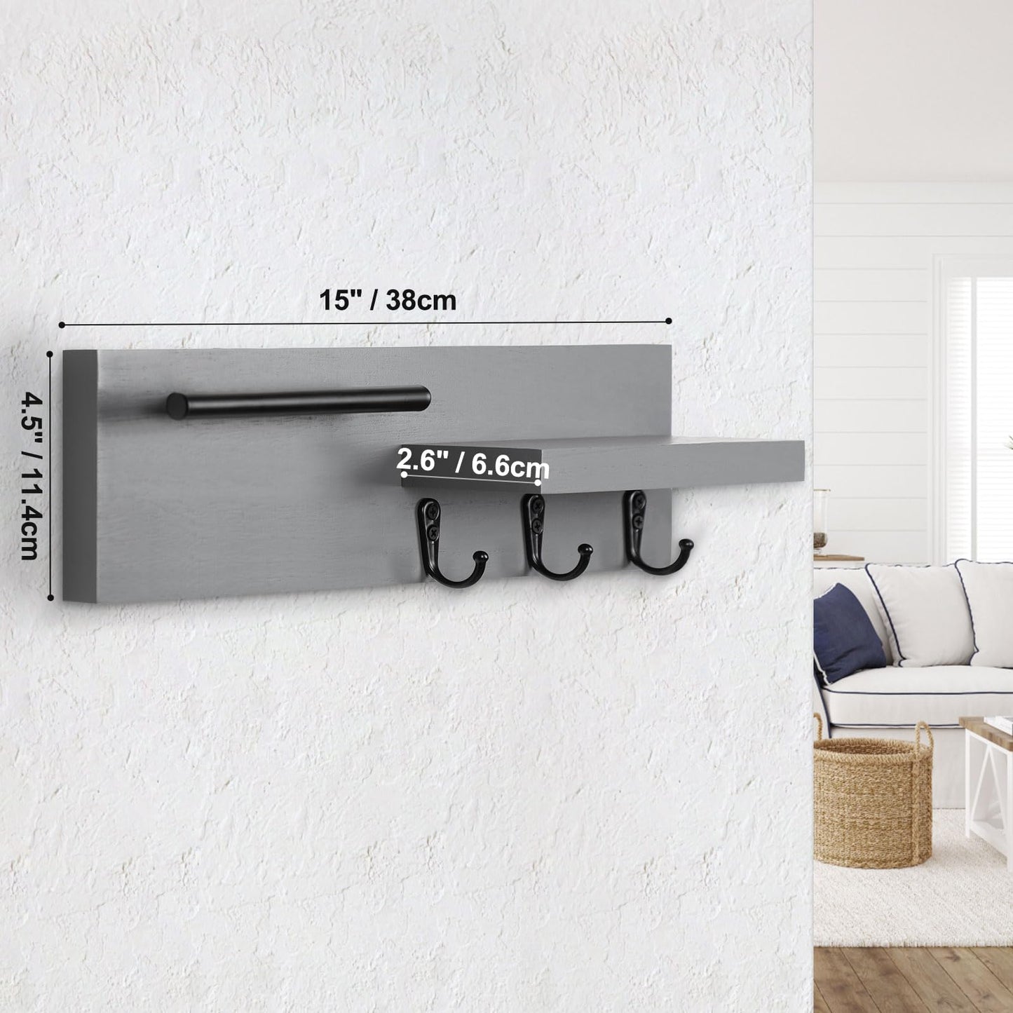 Lucundm Key Holder for Wall, Decorative Entryway Shelf with Hooks Holds Keys, Dog Leash, Sunglasses – Key Hanger with 3 Hooks Organizes, Enhances Home Decor (15” x 4.5” x 2.6”) (Grey)