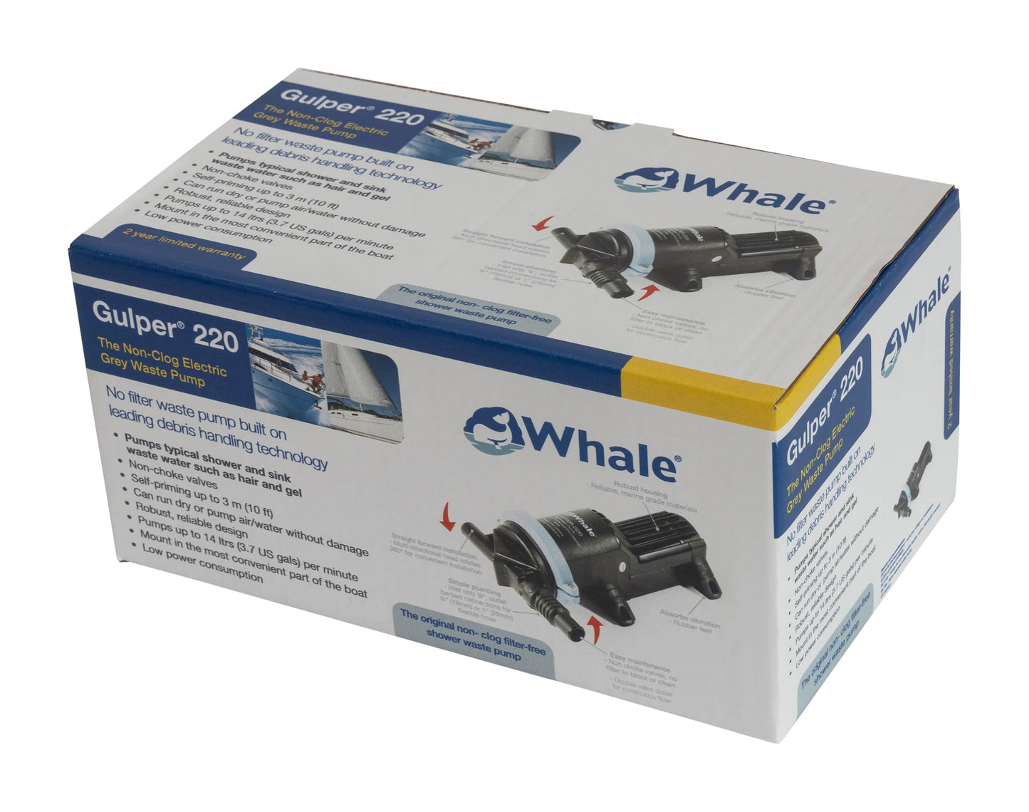 Whale Gulper 220 (24V) Graywater Waste Pump, 3.5 GPM, Virtually Unblockable, Self-Priming, Low Power Draw, BP1554