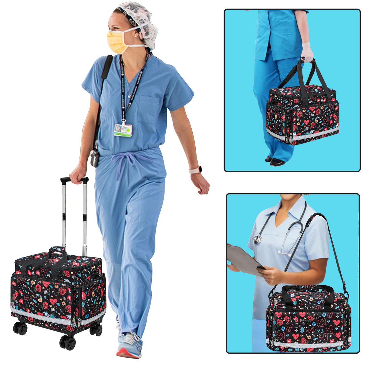Medical Bag Rolling Roller Bag Trolley Duffel Nurses EMT CNA RN Empty for First Aid Responder Home Health Care Nursing Student Roll Duffle Bag Carry on Wheels Work Physicians Doctor