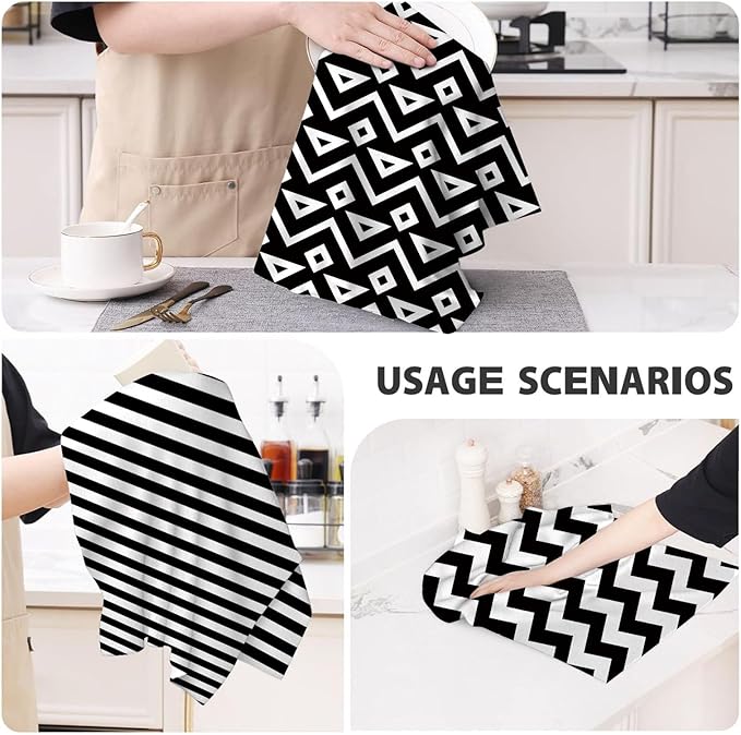 White Black Kitchen Towels Decorative Set of 4, Soft Absorbent Abstract Modern
