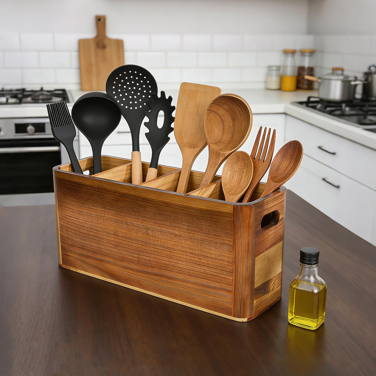 VLXXOI Large 4-Compartment Acacia Wooden Utensil Holder, Rustic Kitchen Counter Organizer, Extra Large Wood Storage Container for Cooking Utensils and Silverware